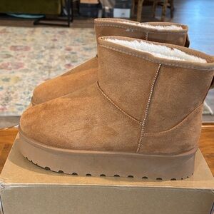 Bonnibel Dorah Chestnut Suede Platform Faux Fur Lined Ankle Boots new in box